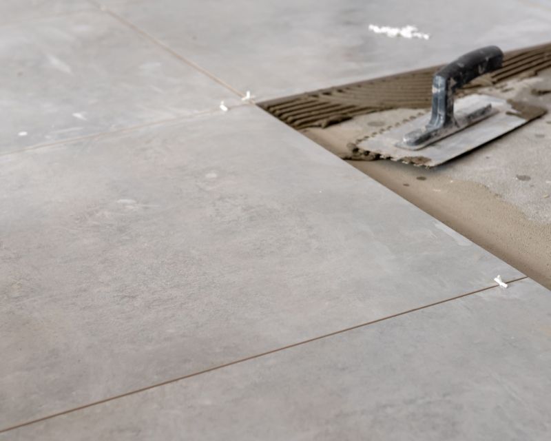 Große, graue Fließen werden verlegt.